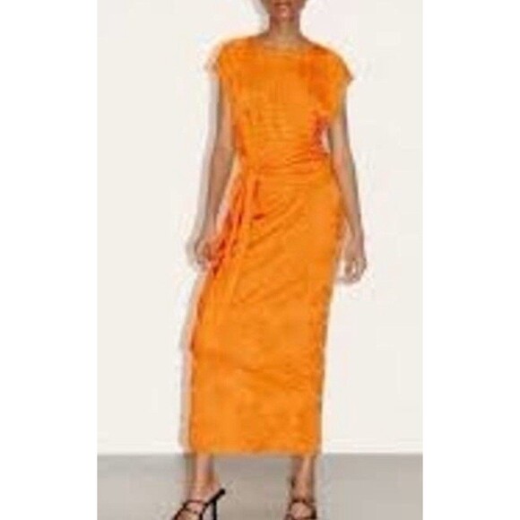 Zara Dresses & Skirts - Zara Orange Floral Cap Sleeve Tie‎ Waist Stretch Midi Dress Sz M
